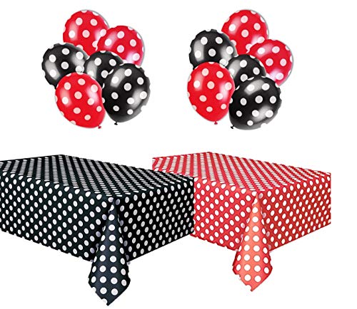 Product Cover Polka Dot Party Set, Includes 1 Red Tablecloth, 1 Black Tablecloth, 6 Red Balloons And 6 Black Balloons.