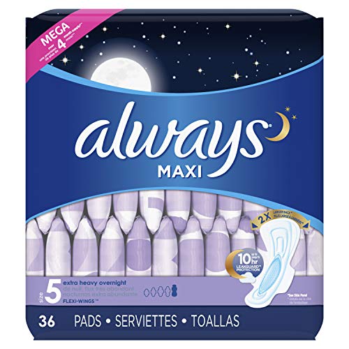 Product Cover Always Maxi Feminine Pads for Women, Size 5, Extra Heavy Overnight Absorbency, with Wings, Unscented, 36 Count- Pack of 4 (144 Count) (Package May Vary)