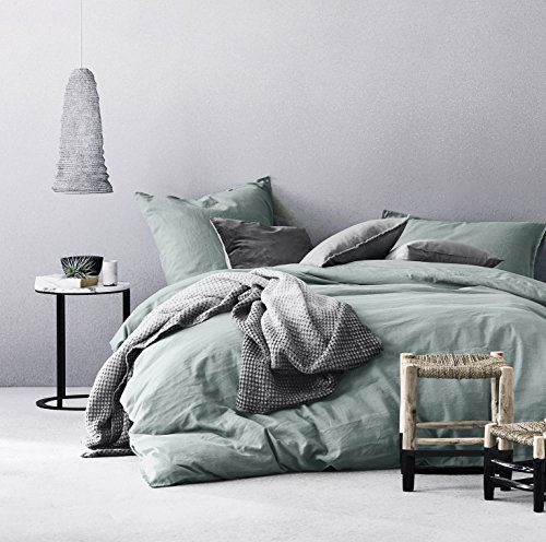 Product Cover Eikei Washed Cotton Chambray Duvet Cover Solid Color Casual Modern Style Bedding Set Relaxed Soft Feel Natural Wrinkled Look (Queen, Eucalyptus Mint)