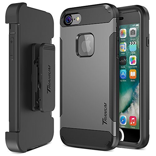 Product Cover Trianium iPhone 7 Case [Duranium Series] Heavy Duty Ultra Protective Hard Cover Shock Absorption w/Built-in Screen Protector+ Holster Belt Clip Kickstand for Apple iPhone 7 2016 -Gunmetal (TM000181)