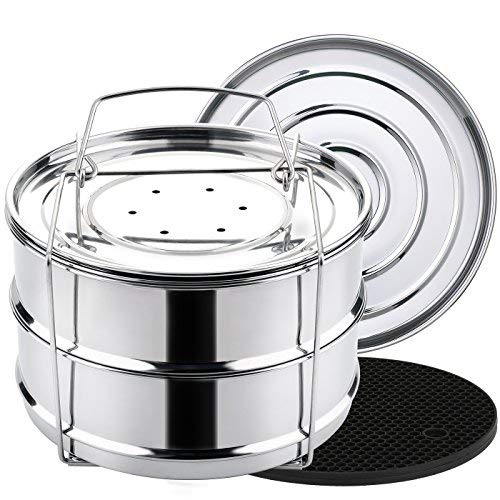 Product Cover Aozita Stackable Steamer Insert Pans for Instant Pot Accessories - Fits Instant Pot 5,6,8 qt Pressure Cooker, 2 Tier Steamer Basket with Handle and Silicone Heat Resistant Mat