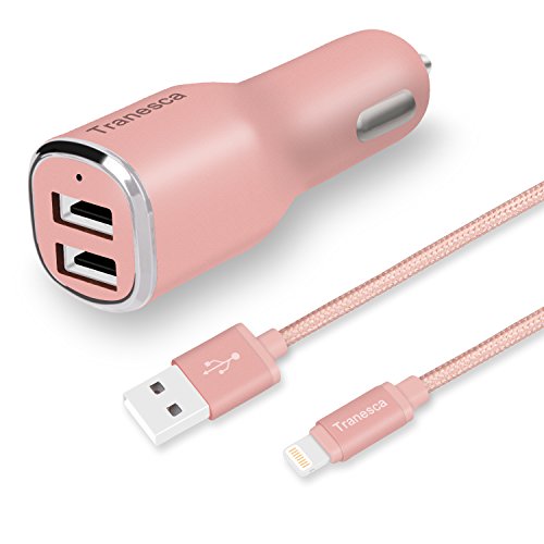 Product Cover Rose Gold car Charger kit- Tranesca Compatible 4.8A/24W Dual Rapid USB Ports Car Charger with 6FT Nylon Braided MFI (Apple Certified) Lightning Cable
