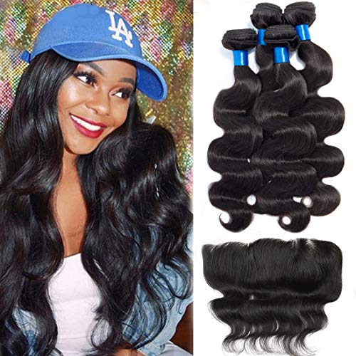 Product Cover Cranberry Hair Brazilian Body Wave Virgin Hair 3 Bundles Wefts with 13X4 Ear to Ear Lace Frontal Closure Human Hair Extensions Natural Color
