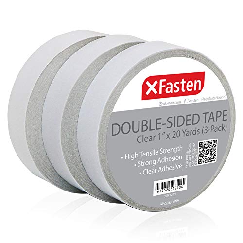 Product Cover XFasten Double Sided Tape Clear, Removable, 1-Inch by 20-Yards, Pack of 3 Ideal as a Gift Wrap Tape, Holding Carpets, and Woodworking
