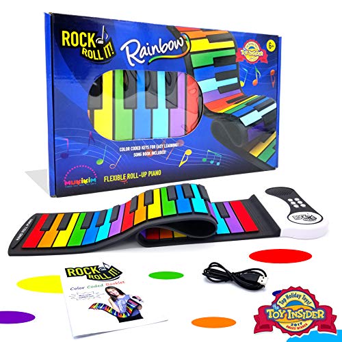 Product Cover Rock And Roll It - Rainbow Piano. Flexible, Completely Portable, 49 standard Keys, battery OR USB powered. Includes play-by-color song book!