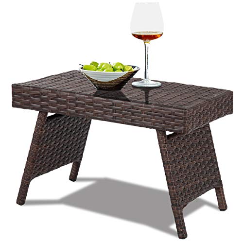 Product Cover Tangkula Outdoor Wicker Table Patio Poolside Lawn Garden Rattan Steel Frame Folding Standing Coffee Table Side Table