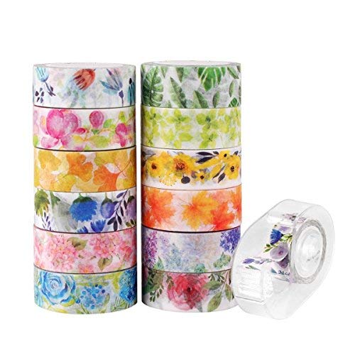 Product Cover Knaid Floral Washi Masking Tape Set + Tape Dispenser, Spring Flower Decorative Paper Tapes for Arts and DIY Crafts, Scrapbooking, Bullet Journal, Planner, Gift Wrapping, Holiday Decoration (Set of 12)