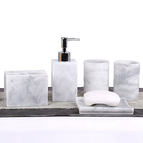 Product Cover Resin 5pcs Bathroom Accessory Set - Tumbler, Soap Dish, Liquid Soap Dispenser, Toothbrush Holder,Grey