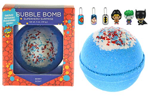 Product Cover Superhero Bubble Bath Bomb for Kids with Surprise Superhero Toy Inside by Two Sisters Spa. Large 99% Natural Fizzy in Gift Box. Moisturizes Dry Sensitive Skin. Releases Color, Scent, and Bubbles.