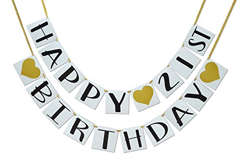 Product Cover Happy 21st Birthday Banner - Gold Hearts and Ribbon - Birthday Decorations ...