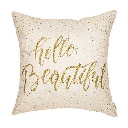Product Cover Fjfz Girl Nursery Décor Hello Beautiful Motivational Sign Inspirational Quote Girly Decoration Cotton Linen Home Decorative Throw Pillow Case Cushion Cover for Sofa Couch, 18