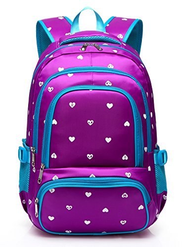 Product Cover Fashion Girls Backpack for Kids Elementary School Bag Girly Bookbag Children 17 Inch Nylon Heart Print (Purple & Blue)