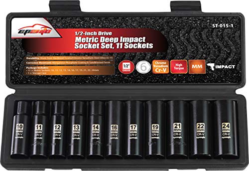 Product Cover EPAuto 1/2-Inch Drive Metric Deep Impact Socket Set, Cr-V, 6 Points, 11 Sockets