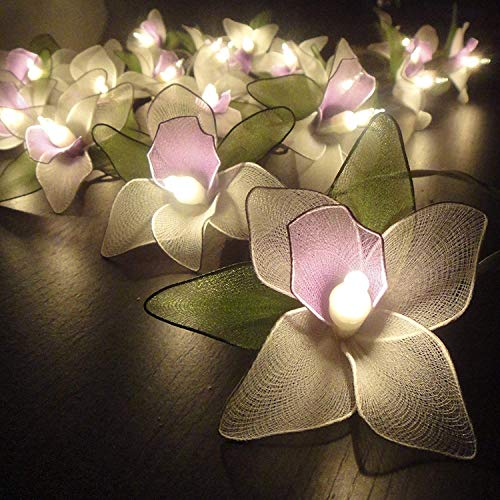 Product Cover Thai Vintage Handmade 20 light White Orchid Flower Fairy String Lights Battery Wedding Party Floral Home Decor 3.5m