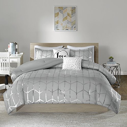 Product Cover Intelligent Design Raina Comforter Set Twin/Twin XL Size - Grey Silver, Geometric - 4 Piece Bed Sets - Ultra Soft Microfiber Teen Bedding for Girls Bedroom