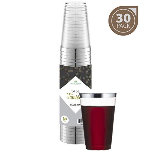 Product Cover Silver Plastic Cups 14 Oz. Pack Of (30) Clear Disposable Plastic Cups - Silver Rim Cups - Fancy Hard Plastic Cups - Party Accessories - Wedding - Elegant Clear Cups- Tumblers
