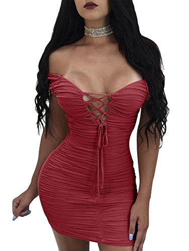Product Cover TOB Women's Sexy Bodycon Ruched Off Shoulder Lace Up Club Mini Dress
