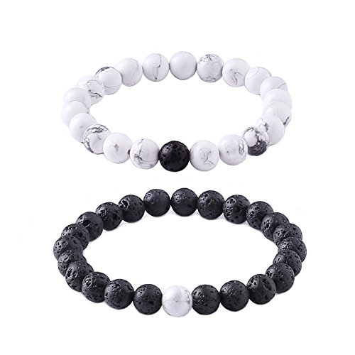 Product Cover MAOCEN Distance Relationship Bracelet for Lover-2pcs Black Lava Rock & White Howlite Stone 8mm Beads