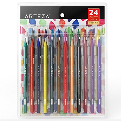 Product Cover ARTEZA Woodless Watercolor Pencils, Set of 24, Multi Colored Art Drawing Pencils, Great for Blending and Layering, Watercolor Techniques and Adult Coloring Books