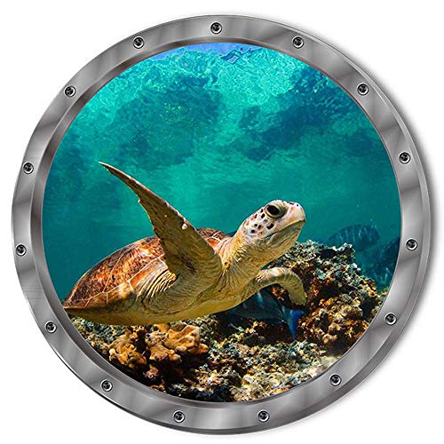 Product Cover DNVEN 11 inches x 11 inches 3D Undersea Tropical Fishes Shark Sea Turtles Porthole Window View Faux Submarine Murals Decals Removable Wall Stickers for Bedrooms Home Arts