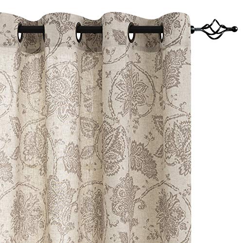 Product Cover jinchan Floral Scroll Printed Linen Curtains, Grommet Top - Ikat Flax Textured Medallion Design Jacobean Curtains Retro Living Room Curtain Sets (Taupe, 50