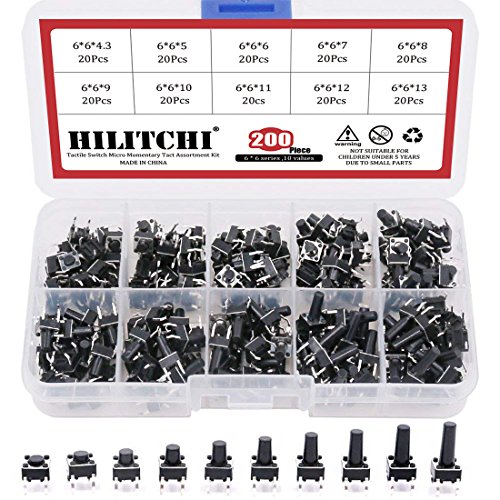 Product Cover Hilitchi 200-Pcs 6 x 6mm Tactile Push Button Switch Micro Momentary Tact Assortment Kit - 10 Value / 4 Pins
