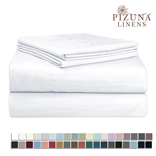 Product Cover Pizuna 400 Thread Count Cotton White California King Sheet Set, 100% Long Staple Cotton Cal King Sheets, Light Soft Sateen Bed Sheets Deep Pocket fit Upto 15 inch (White Cal King Sheets Set)