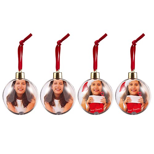 Product Cover Pack of 4 Hanging Photo Ball Ornaments - Plastic Balls for Displaying Photos and DIY Craft Use - Great for Decorating Christmas Trees - Ready to Hang with Satin String, 2.7 Inches in Dia., Clear