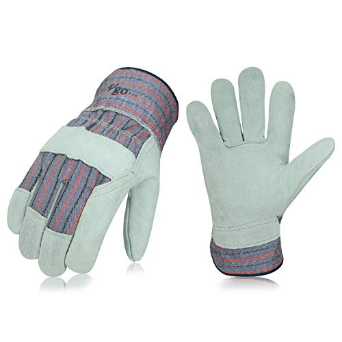 Product Cover Vgo 3Pairs Cow Split Leather Men's Work Gloves with Safety Cuff (Size L,Plaid,CB3501)