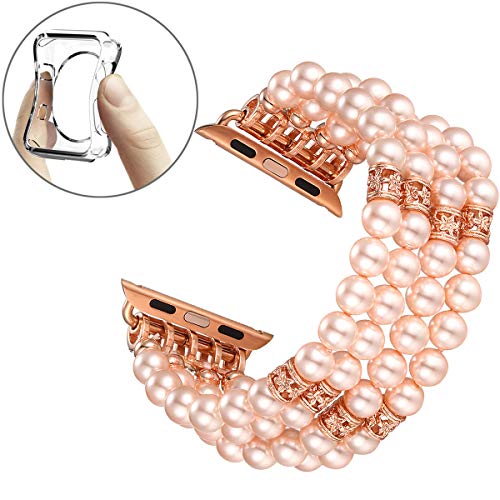 Product Cover Fastgo Compatible with Apple Watch Band 38mm 40mm Women Series 4/5/3/2/1, Elastic Bracelet Beaded Bling Pearl Stretch Replacement Strap Pink for Iwatch Ladies (Pink - 38/40mm)