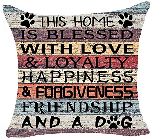 Product Cover Retro Vintage Wood Grain Warm Sayings This Home is Blessed & Loyalty Happiness and A Dog Paw Prints Cotton Linen Throw Pillow Case Cushion Cover New Home Office Bay Window Decorative Square 18 Inches