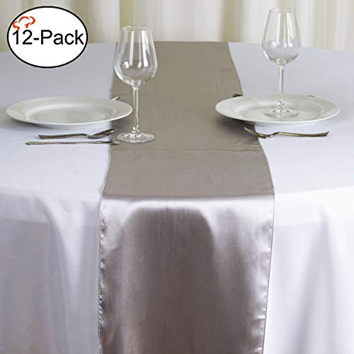 Product Cover Tiger Chef 12-Pack Silver 12 x 108 inches Long Satin Table Runner for Wedding, Table Runners fit Rectange and Round Table Decorations for Birthday Parties, Banquets, Graduations, Engagements