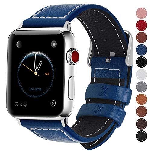 Product Cover Fullmosa Compatible Apple Watch Band Leather 42mm 44mm 38mm 40mm for iWatch Series 5/4/3/2/1,42mm/44mm Dark Blue + Silver Buckle