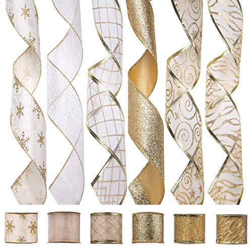 Product Cover ARCCI Christmas Wired Edge Ribbon, Holiday Party Assorted Organza Swirl Sealing Sheer Glitter Gift Wrapping - 36 Yards (6 Rolls x 6yd) 2.5 Inch - Gold/White