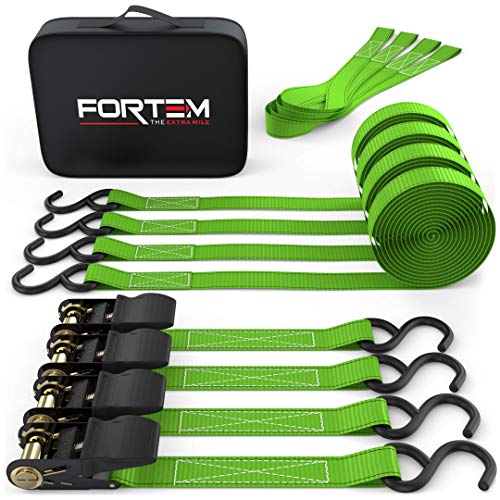 Product Cover FORTEM Ratchet Tie Down Straps, 4X 15ft Securing Straps, 4X Soft Loops 1500lb Break Strength, Rubber Coated Metal Handles, Plastic Coated Metal Hooks, Carrying Case (Green 4-Pack)