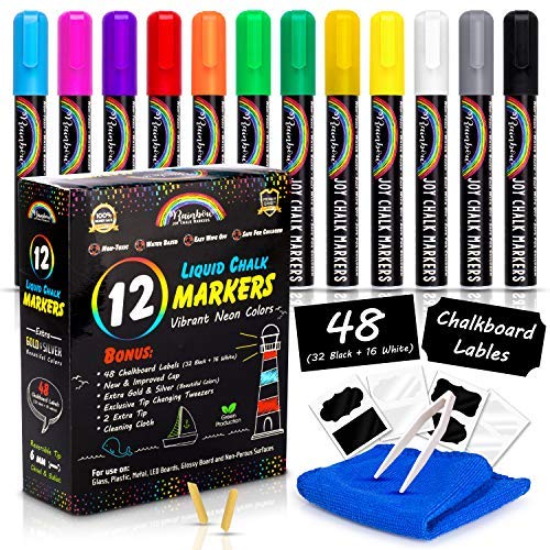 Product Cover Rainbow Joy Liquid Chalk Markers -12 Pack Erasable Neon Colors Bistro Pens with Gold Silver Colors Cleaning Cloth 48 Chalkboard Labels 2 Tip Reversible Bullet Chisel Tip Increased Ink Capacity Cap