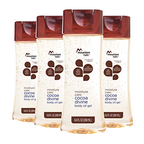Product Cover Mountain Falls Moisture Care: Body Oil Gel with Added Cocoa Butter and Replenishing Moisturizers, Cocoa Divine, Pump Bottle, Compare to Vaseline, 6.8 Fluid Ounce (Pack of 4)