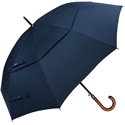 Product Cover G4Free Wooden J Handle Classic Golf Umbrella Windproof Auto Open 52 inch Large Oversized Double Canopy Vented Rainproof Cane Stick Umbrellas for Men Women (Blue)