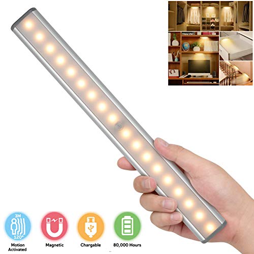 Product Cover Under Cabinet Lighting,Closet Lights Motion Sensor USB Rechargeable Wireless Under Cabinet Lights Kitchen Cabinet Lights Closet Lighting 18 LEDs Magnetic Stick On Lights for Drawer Cupboard,Warm White