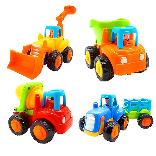 Product Cover Friction Powered Cars, Push and Go Toy Trucks Construction Vehicles Toys Set for 1-3 Year Old Baby Toddlers- Dump Truck, Cement Mixer, Bulldozer, Tractor, Early Educational Cartoon ( Set of 4)