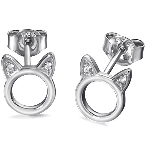 Product Cover Cat Stud Earrings Sterling Silver Tiny Small Cute cat Earrings Cubic Zirconia Earrings for Women (Rose) (Cat Silver)