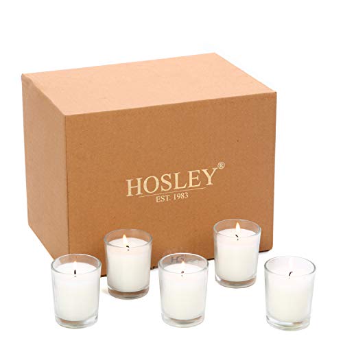 Product Cover Hosley Set of 24 Unscented Clear Glass Wax Filled Votive Candles Up to 12 Hour Burn Time Glass Votive and Hand Poured Candle Included Ideal for Aromatherapy or Weddings and Party Favors O1