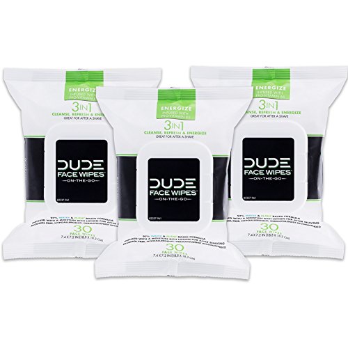 Product Cover DUDE Face & Body Wipes (30 Wipes Each) Energizing & Refreshing Scent Infused with Pro Vitamin B-5, Face Cleansing Cloths for Men, Lightly Scented, Hypoallergenic, Alcohol Free, 30 Count (Pack of 3)