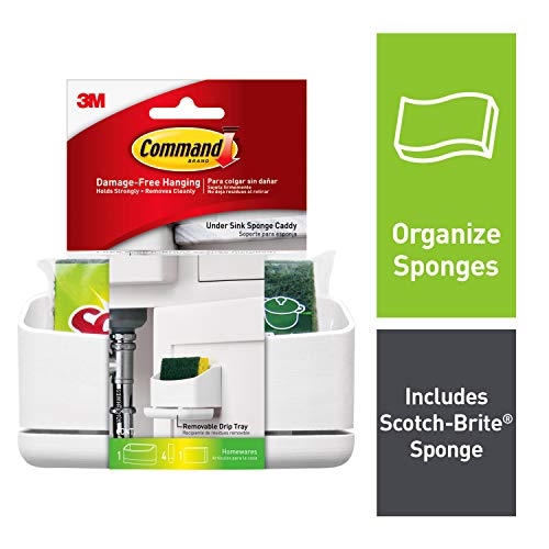Product Cover Command Under Sink Sponge Caddy, White, 1 Caddy 4 Medium Strips, 1 Scotch-Brite Sponge Included