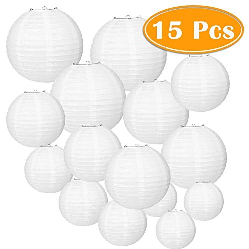 Product Cover Paxcoo 15 Packs White Round Paper Lanterns with Assorted Sizes for Wedding Party Decorations