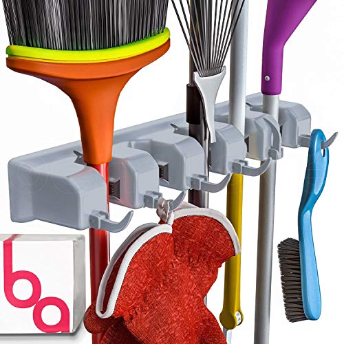 Product Cover Berry Ave Broom Holder Wall Mount and Garden Tool Organizer, Closet Storage, Kitchen Rack, Home Organization and Garage Organizer for Rake or Mop Handles Up to 1.25-Inches, Hanger Plus 6 Hooks (Grey)