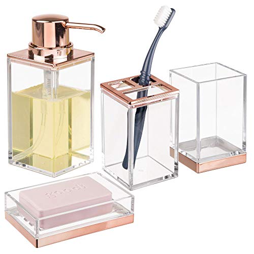 Product Cover mDesign Square Plastic Bathroom Vanity Countertop Accessory Set - Includes Soap Dispenser Pump, Divided Toothbrush Holder, Tumbler Rinsing Cup, Soap Dish - 4 Pieces - Clear/Rose Gold