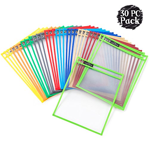 Product Cover Dry Erase Pockets Sheet Protectors - Reusable + Oversized - Size 10 X 13 Inches - 30 Plastic Sleeves - Mixed Colors - Ideal to use at School or at Work