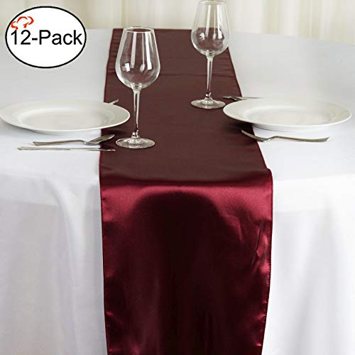 Product Cover Tiger Chef 12-Pack Burgundy 12 x 108 inches Long Satin Table Runner for Wedding, Table Runners fit Rectange and Round Table Decorations for Birthday Parties, Banquets, Graduations,