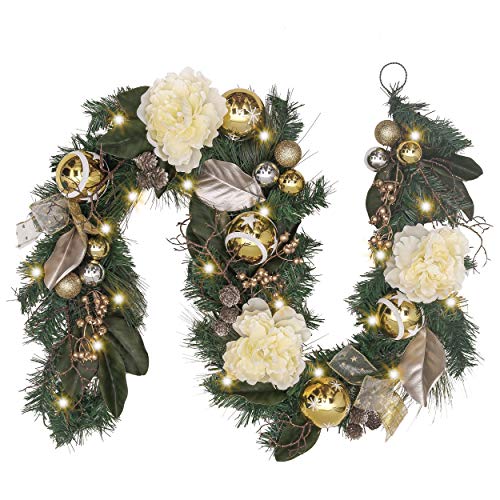 Product Cover Valery Madelyn Pre-Lit 6 Feet/72 Inch Elegant Champagne Gold Christmas Garland with Shatterproof Ball Ornaments, Ribbon, Artificial Flower, Battery Operated 20 LED Lights